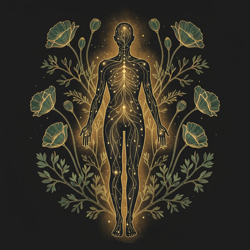 Силуэт человека с золотыми нитями меридианов — связь тела и эмоций